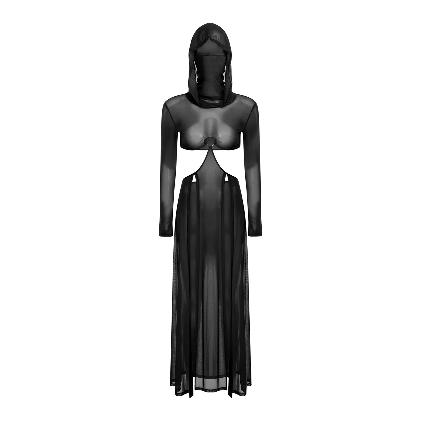 Women’s Hooded Mask Sheer Maxi Dress