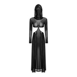 Women’s Hooded Mask Sheer Maxi Dress
