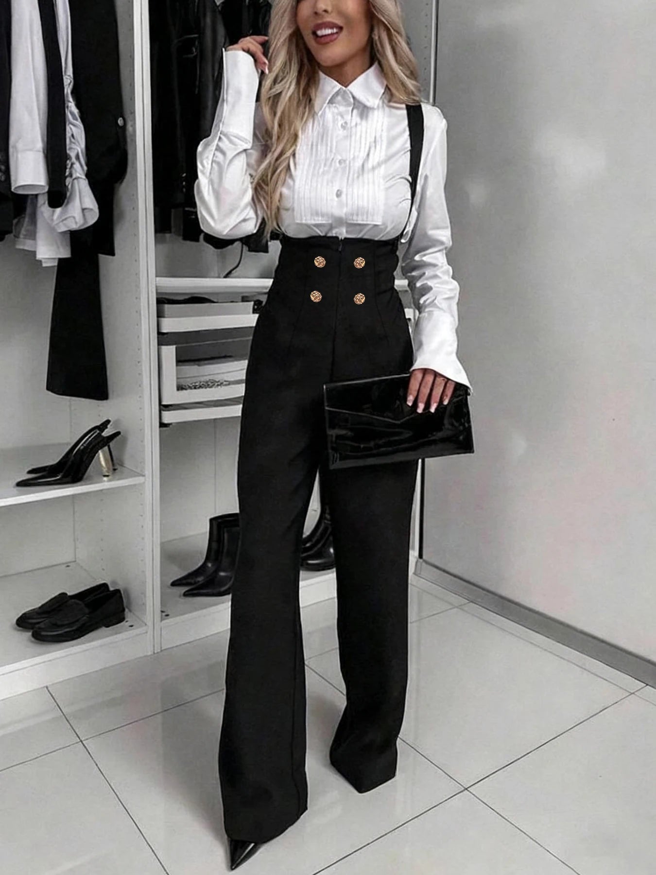 Retro Gold Double-Breasted Wide Leg Jumpsuit