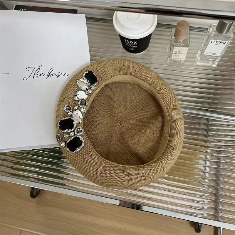 INS Summer rhinestone beret women's new fashion versatile hat thin breathable painter hat handmade rhinestones versatile pumpkin