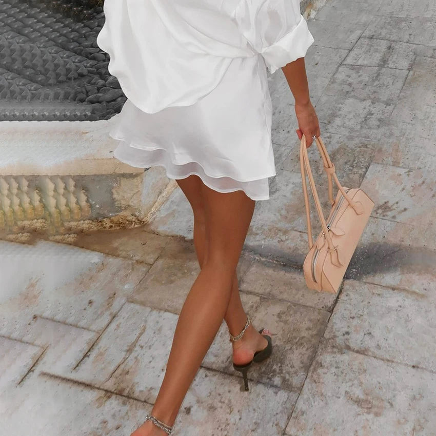 Linad White Satin Layered Lace Mini Skirt
