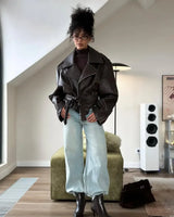 Women's Dark Red Zipper Leather Short Jackets Chic Long Sleeve Lace Up Lapel Loose Button Coat Lady Daily High Street Wear 2025