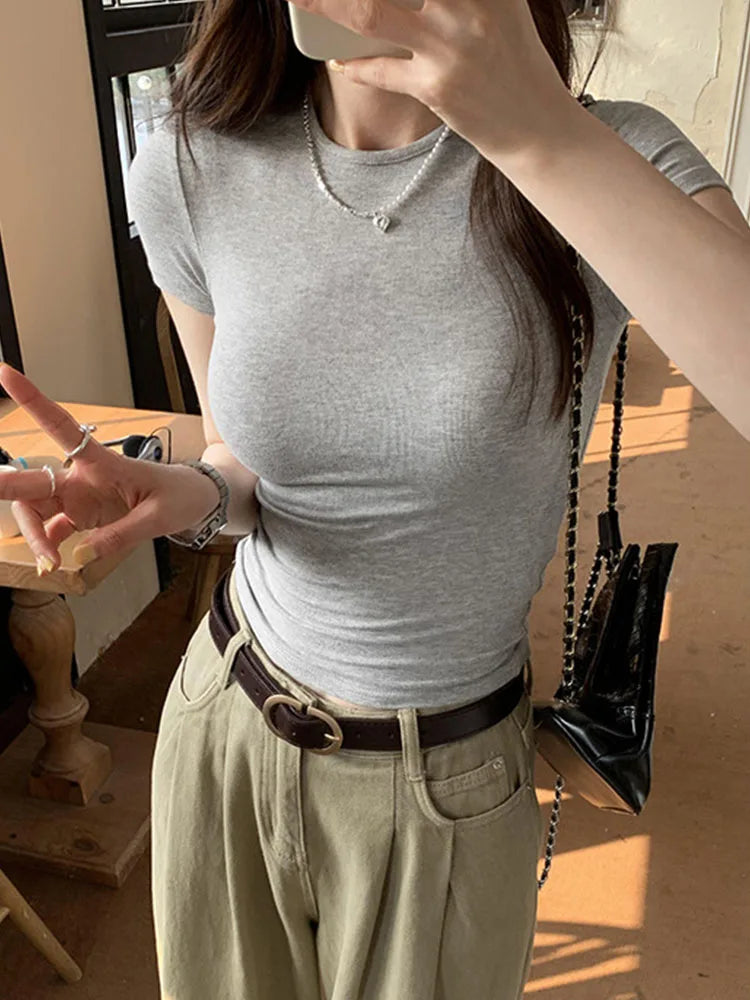 Y2K Vintage Slim Fit Crop Top - Solid Crewneck Short Sleeve Tee