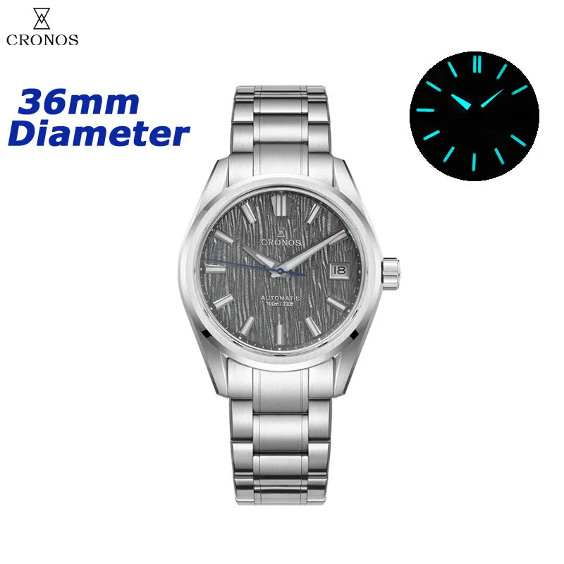 Cronos Men Watch 36mm Automatic PT5000 Miyota 9015 Movement Wristwatches White Dial Birch Pattern Sapphire 10 ATM L6048M
