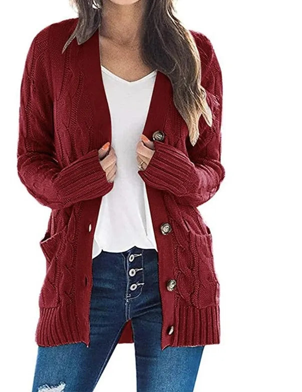 Women's V-Neck Button-Down Cardigan – Soft Loose Fit Knitted Sweater Jacket