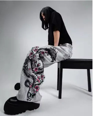 Harajuku Dragon & Snake Embroidered Wide-Leg Jeans