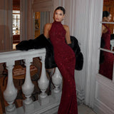 Elegant Red Sequin Sleeveless Maxi Gown