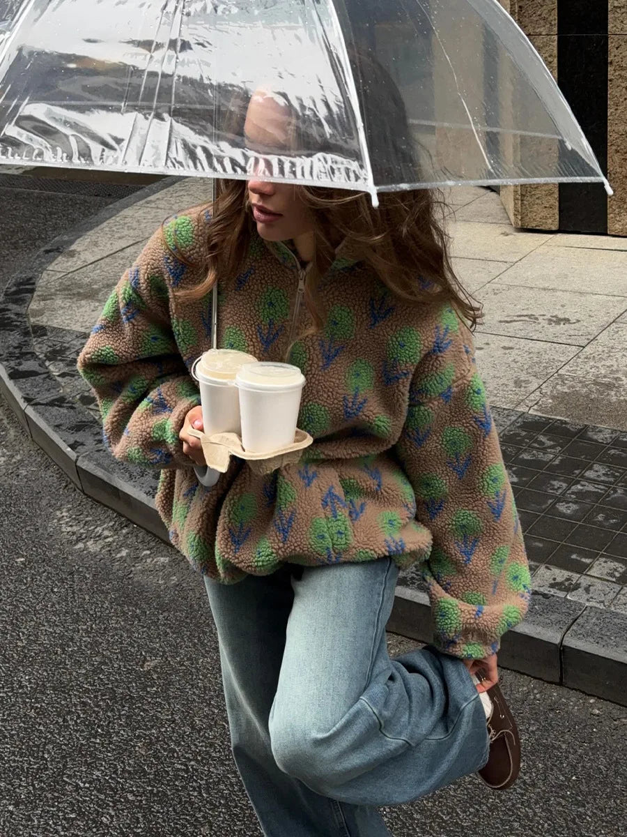 TARUXY Fleece Printing Sweatshirt Women's Half-Zip Sweatshirt Fleece Loose Turtleneck Pullover Female Winter Leisure Sweatshirt