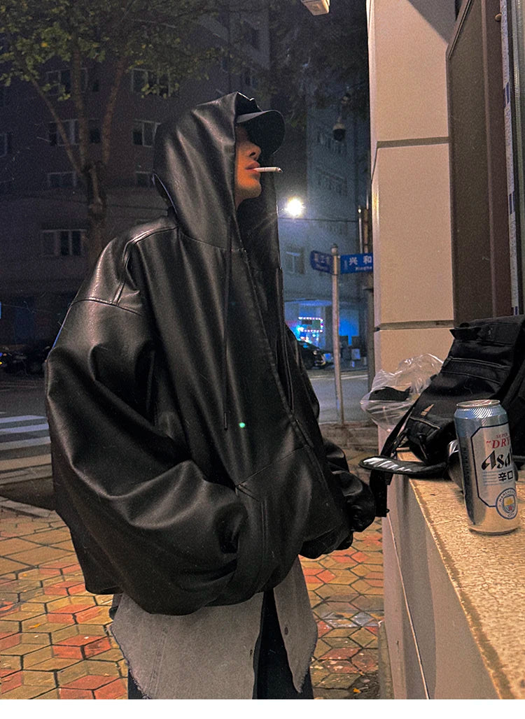 Men’s Oversized Hooded Faux Leather Jacket