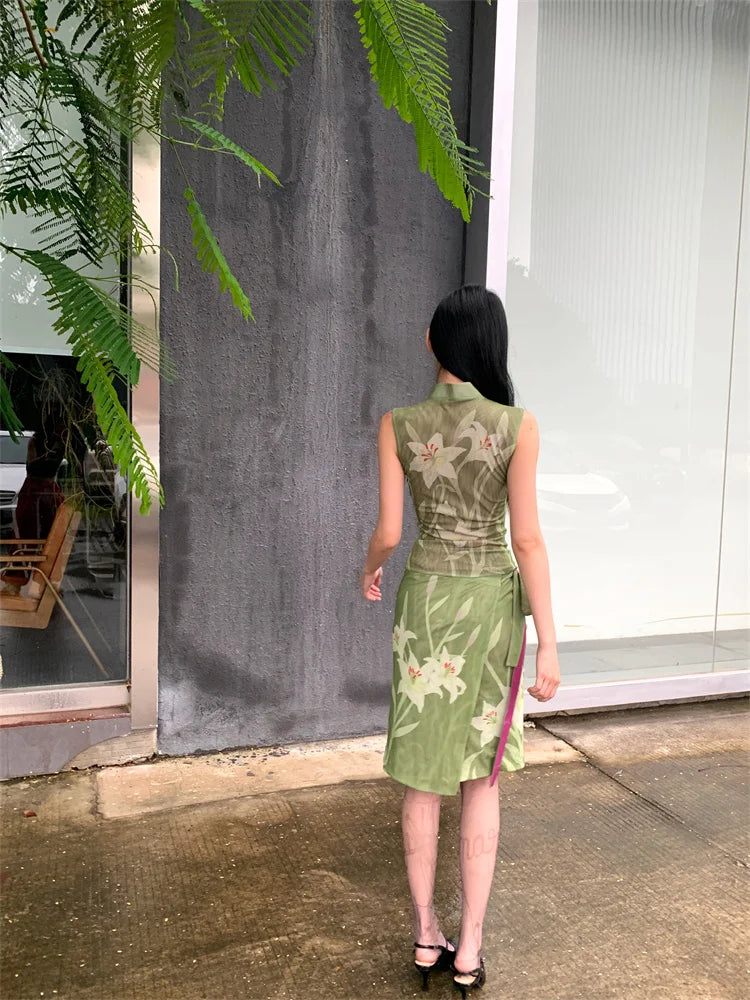CHEERART Two Piece Set For Women Elegant Summer Outfit Green Lily Floral Vintage Top And Skirt Set Ladies Clothes 2024