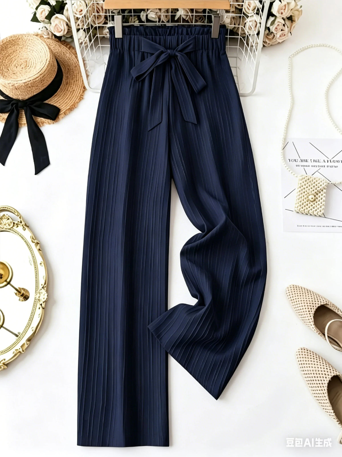 Women's Navy Wide-Leg Bow-Tie Pants