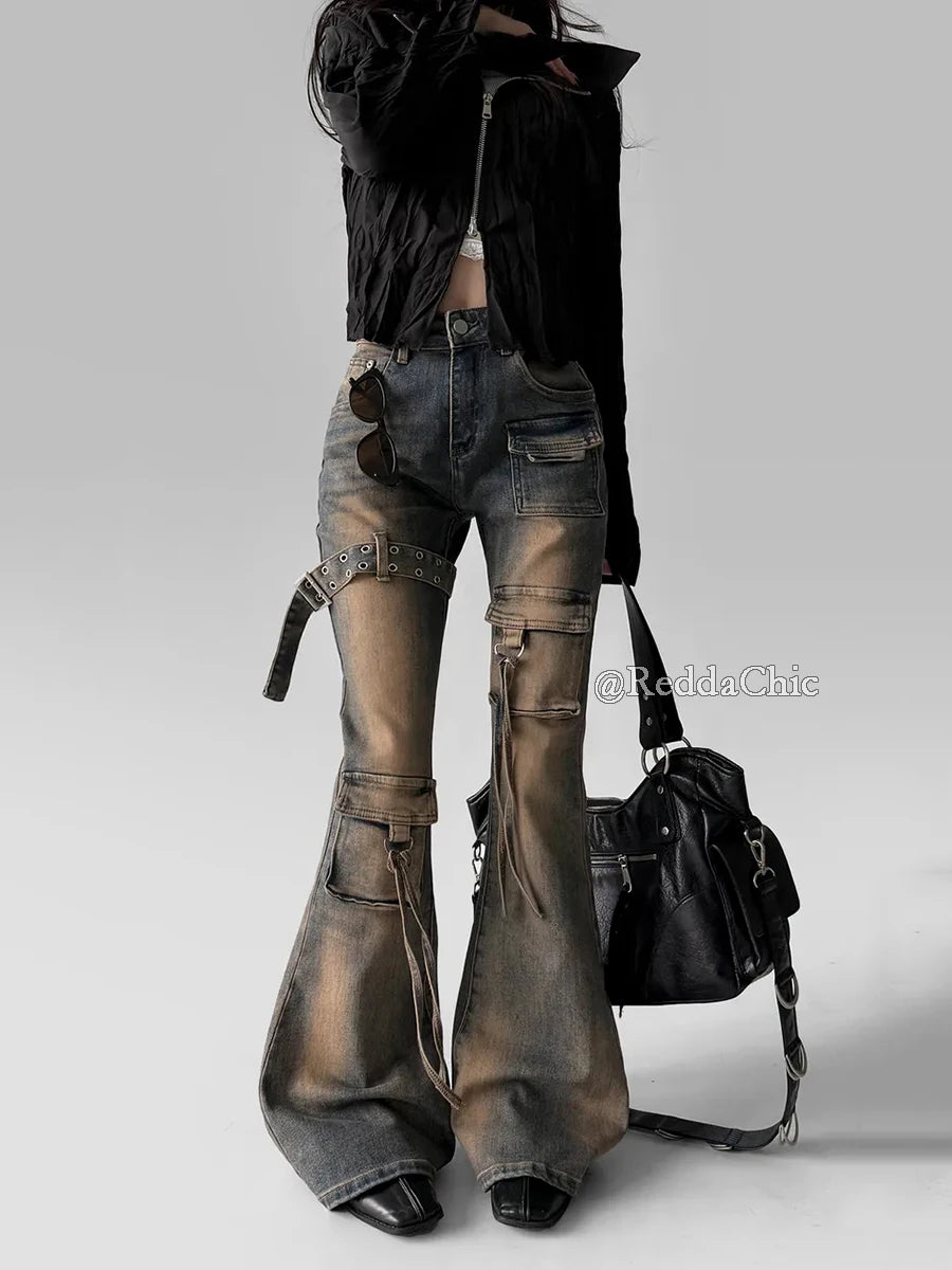 Women's Y2K Cargo Flare Jeans | Vintage Low Rise