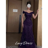 Lucy Sequin Off The Shoulder Purple Mermaid Evening Dress 2026 Prom Dress Formal Evening Customized Elegant Ladies Gowns