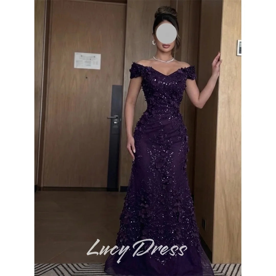 Lucy Sequin Off The Shoulder Purple Mermaid Evening Dress 2026 Prom Dress Formal Evening Customized Elegant Ladies Gowns