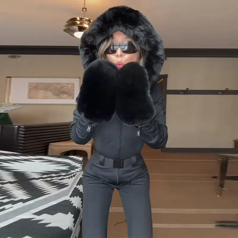 Women’s Faux Fur Hooded Ski Jumpsuit | Waterproof Winter Romper