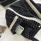 Women Niche Sweet Lace Shoulder Bag Korean Style Vintage Polka Dot Canvas Handbag Large Capacity Multi Pocket Commuting Tote Bag