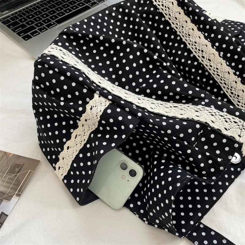 Women Niche Sweet Lace Shoulder Bag Korean Style Vintage Polka Dot Canvas Handbag Large Capacity Multi Pocket Commuting Tote Bag