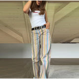 Street Striped Jeans Women's High-Waist Pockets Wide-Leg Trouser 2026 Spring Summer Retro Multicolor Vertical Stripe Denim Pant