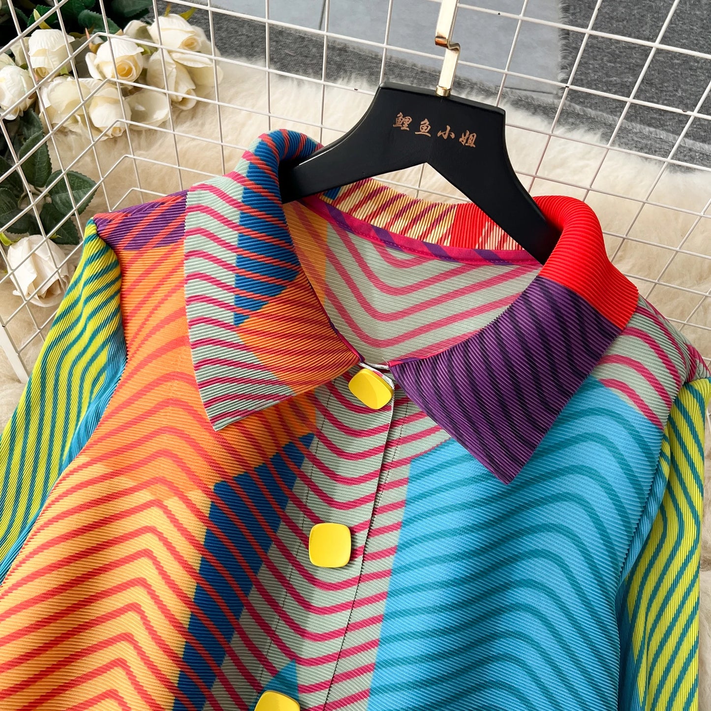 Miyake Pleated Drape Dress – Colorblock Print, 3/4 Sleeve