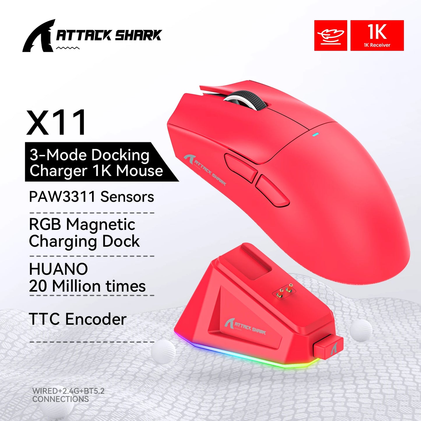 X11 ATTACK SHARK X11SE Bluetooth Gaming Mouse PAW3311 Sensor 22000DPI Macro Drivers and 1000 Hz Polling Rate for Wireless Mouse