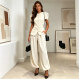 Women Pant Set Two Piece Sets Round Neck Short Sleeve Coats Tops Wide Leg Long Pants High Waist Y2k Streetwear Elegant 2026