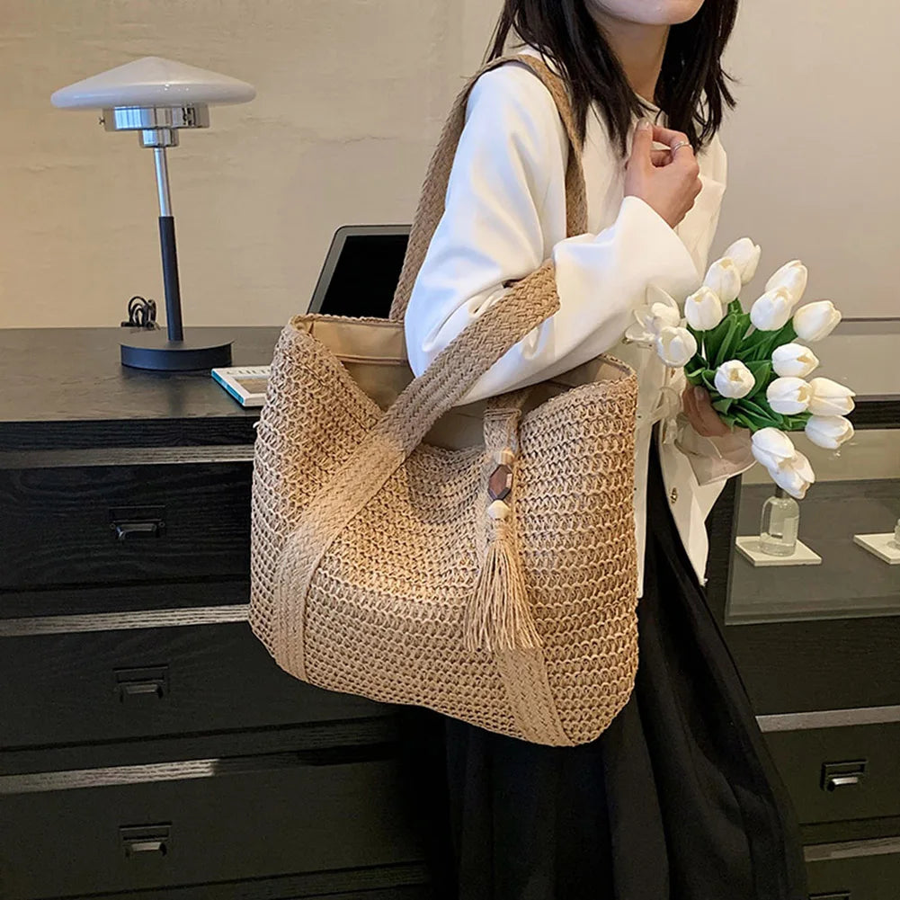 Woven Handbags Ladies Summer Woven Totes Bag with Tassel Women Shoulder Bag Large Capacity Fashion Straw Female Shopper Bag