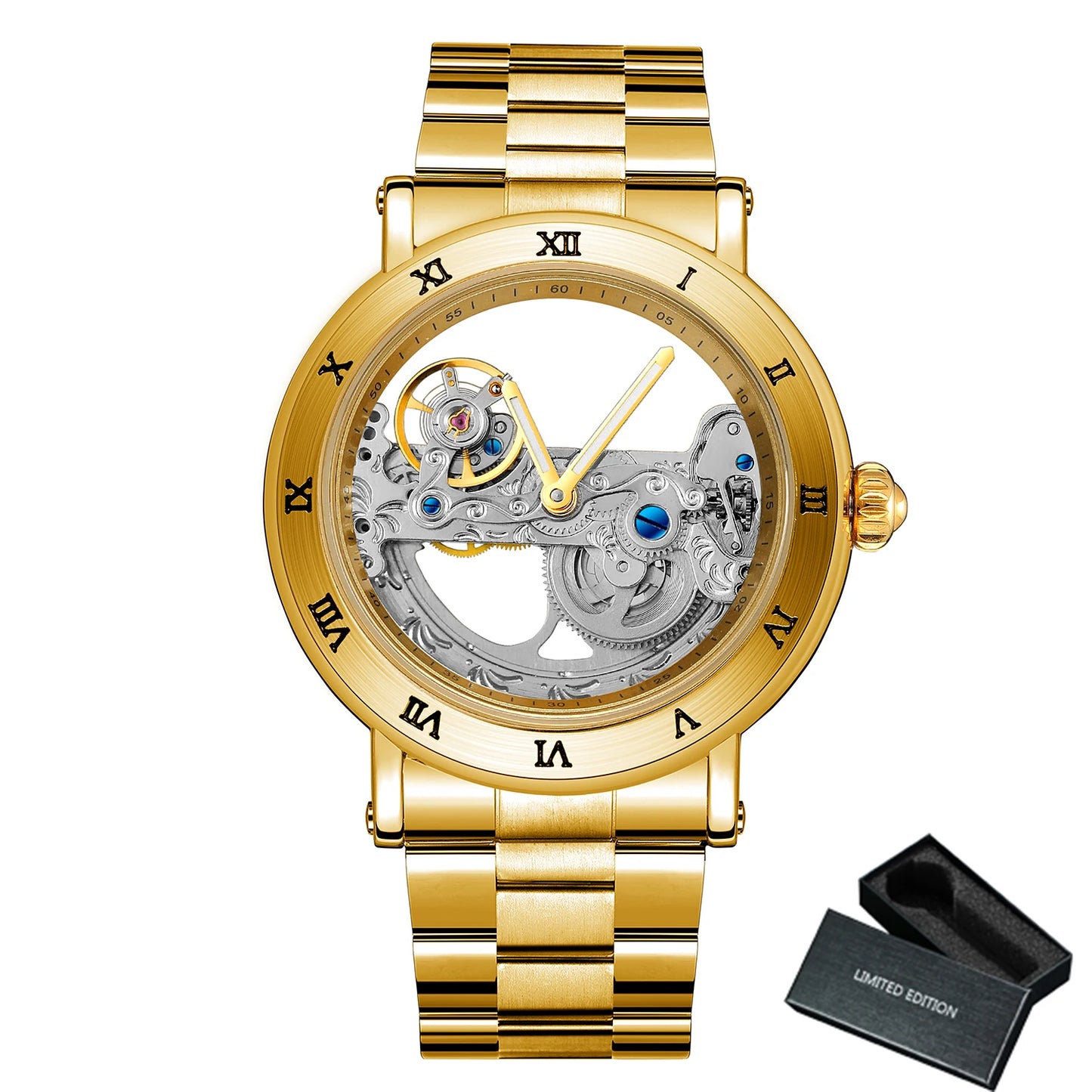 Vintage Mechanical Watches Golden Bridge Skeleton Automatic Mens Watch Luxury Genuine Leather Belt Carved Movement Luminous Hand