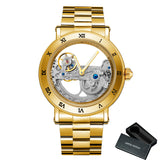 Vintage Mechanical Watches Golden Bridge Skeleton Automatic Mens Watch Luxury Genuine Leather Belt Carved Movement Luminous Hand
