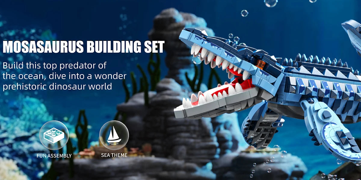 805PCS Blue Dinosaur Building Blocks Toys Model Mosasaurus Dinosaur Assemble Puzzle Bricks Toy Sets For Kid Ornament Gifts