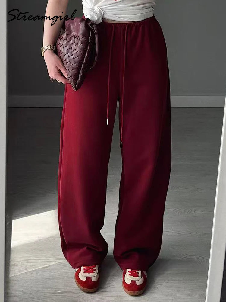 Autumn Burgundy Sweatpants Women Straight Leg Sport Pants Cotton Ladies Coffee Basic Joggers Wide Leg Women's Pants And Trousers