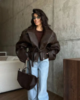 Women's Dark Red Zipper Leather Short Jackets Chic Long Sleeve Lace Up Lapel Loose Button Coat Lady Daily High Street Wear 2025