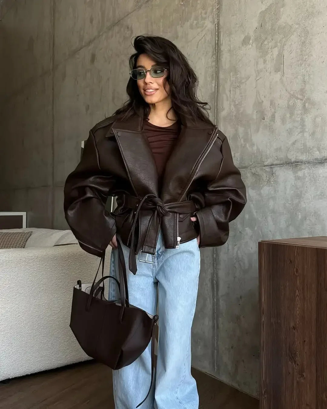 Women's Dark Red Zipper Leather Short Jackets Chic Long Sleeve Lace Up Lapel Loose Button Coat Lady Daily High Street Wear 2025