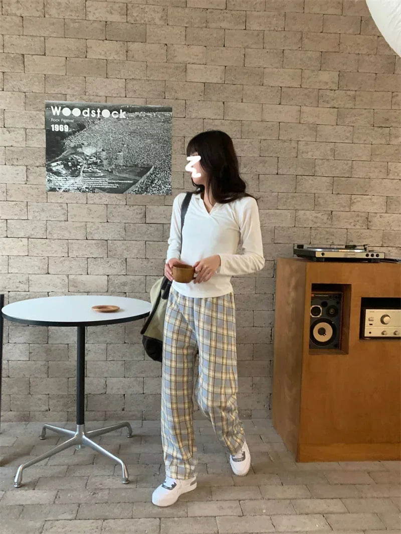 Plaid Plush Wide-Leg Trousers