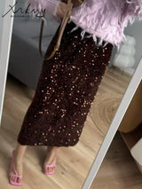 High Waisted Sequin Maxi Skirt Women Elegant Shiny Straight Skirts With Slit Summer Spring Black Long Sequin Skirt For Women