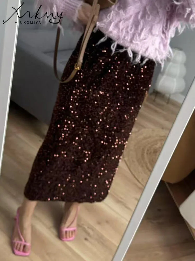High Waisted Sequin Maxi Skirt Women Elegant Shiny Straight Skirts With Slit Summer Spring Black Long Sequin Skirt For Women