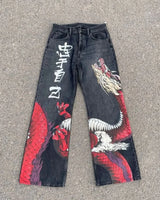 Harajuku Dragon & Snake Embroidered Wide-Leg Jeans
