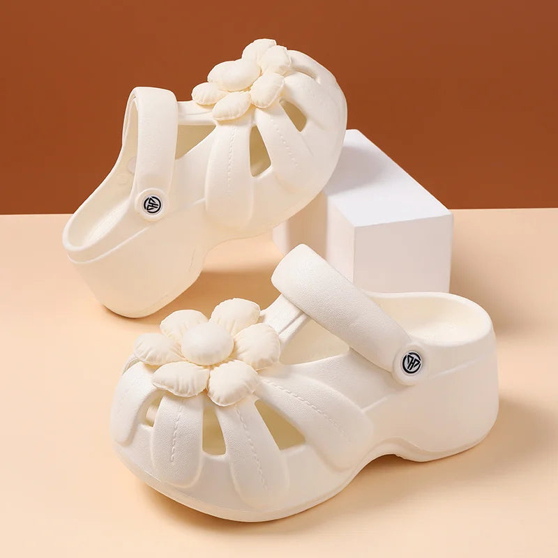Women's Platform Clog Sandals with Flower Decor — EVA Wedge Beach Shoes