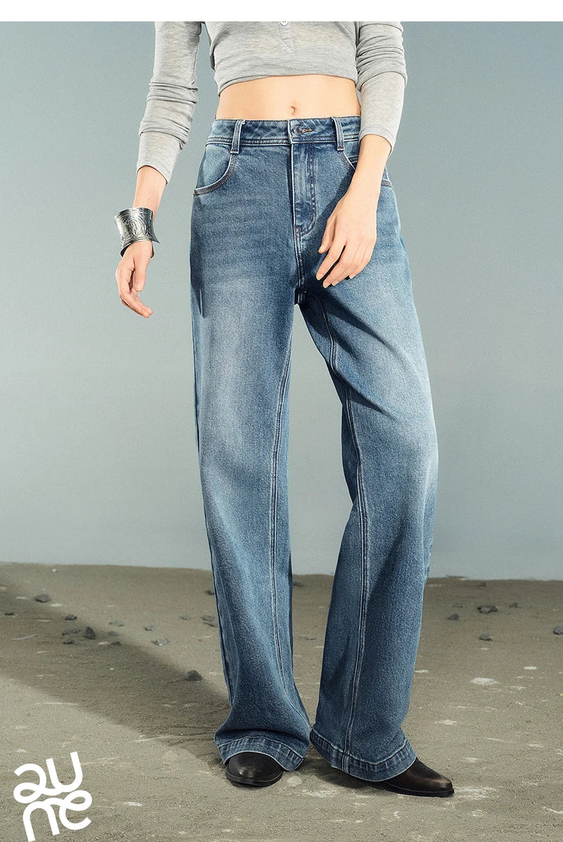 TOYOUTH Women Denim Jeans 2025 Autumn New Lycra Stretch Washed Wide Leg Straight Long Pants