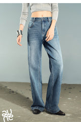 TOYOUTH Women Denim Jeans 2025 Autumn New Lycra Stretch Washed Wide Leg Straight Long Pants