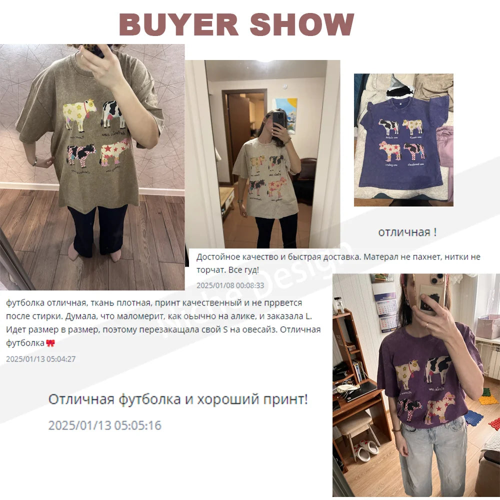Cute Cartoon Cow Print T-Shirt Pure Cotton Washed Shoulder Round Neck Neutral Style Fashion Trend New High Quality Short Sleeves