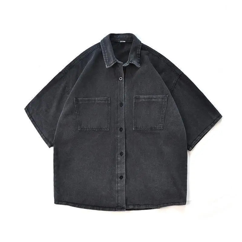 Men's Loose Fit Short Sleeve Denim Shirt Thin Summer Fashion Hong Kong Style Seven Sleeve Outerwear Trendy Casual Shirt