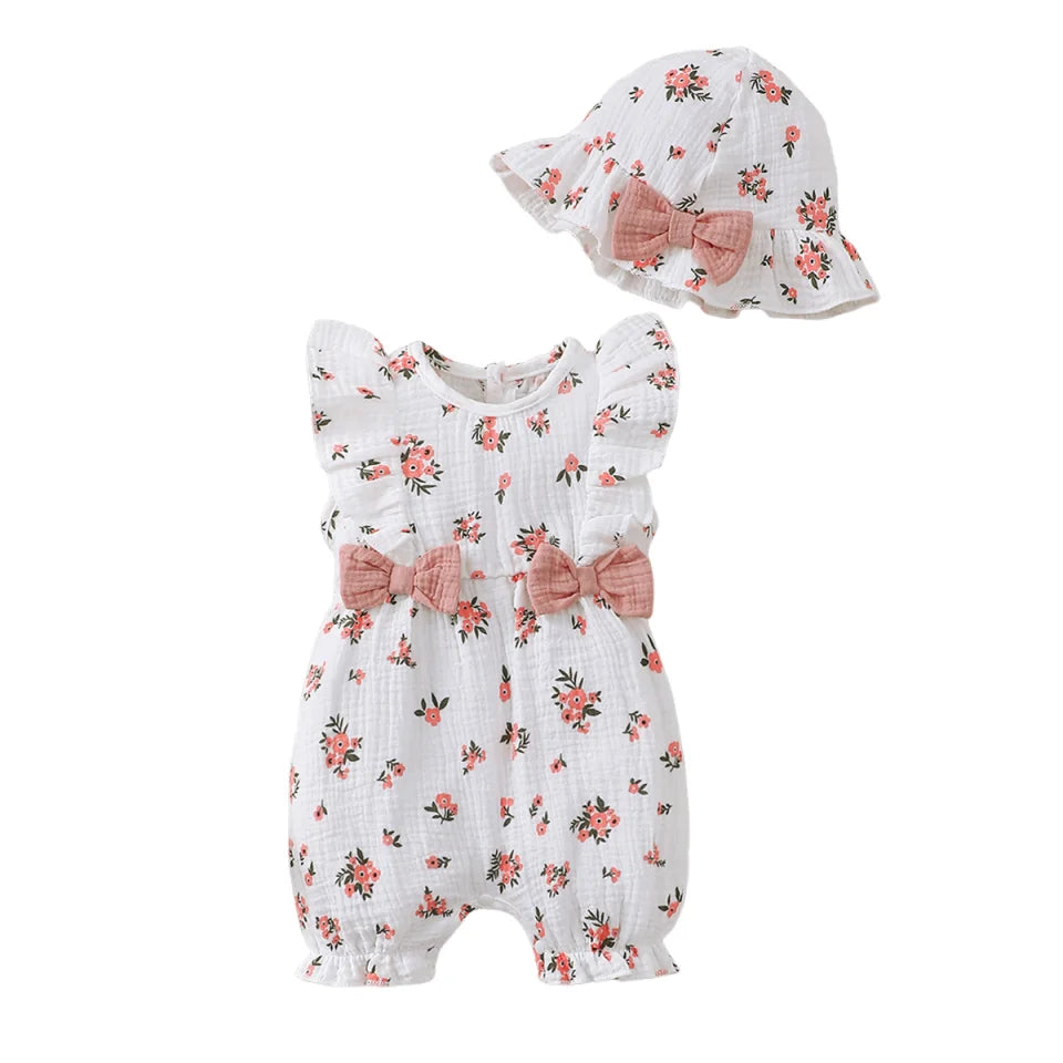 0-18 Months Baby Girl Clothes Set 2Pcs Daisy Print Romper Ruffle Bow Jumpsuit + Hat Summer Infant Newborn Casual Clothing Outfit