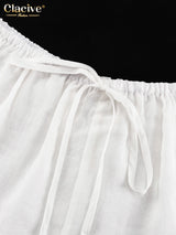 Clacive Casual Loose White 2 Piece Sets Women Outfit 2025 Elegant Long Sleeve Robes With Mid Waist Shorts Set Female Clothing