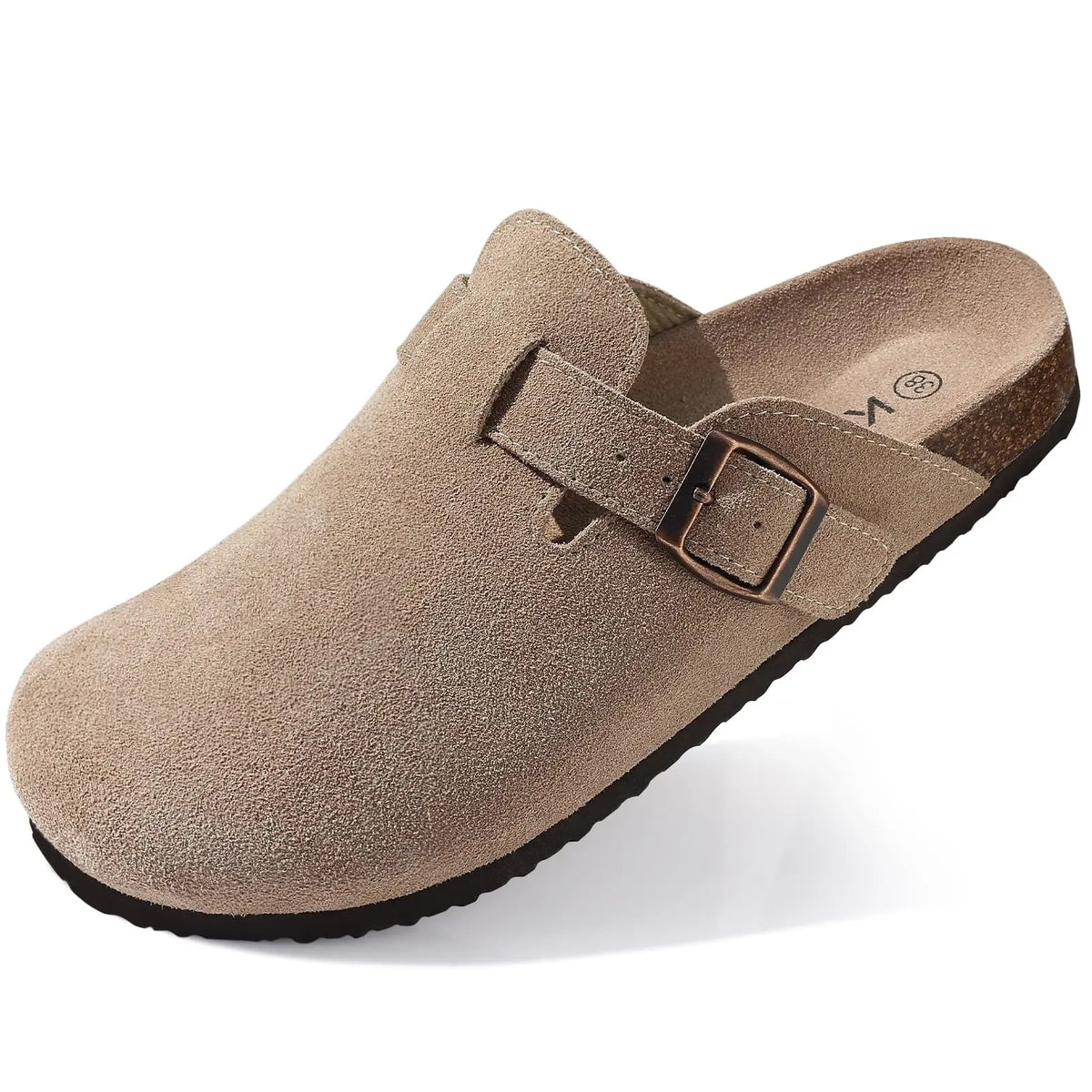 Evshine Men's Suede Clogs Fashion Leather Mules Cozy Footbed Slippers With Adjustable Buckle AntiSlip Cork Slippers Unisex Mules