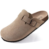 Evshine Men's Suede Clogs Fashion Leather Mules Cozy Footbed Slippers With Adjustable Buckle AntiSlip Cork Slippers Unisex Mules