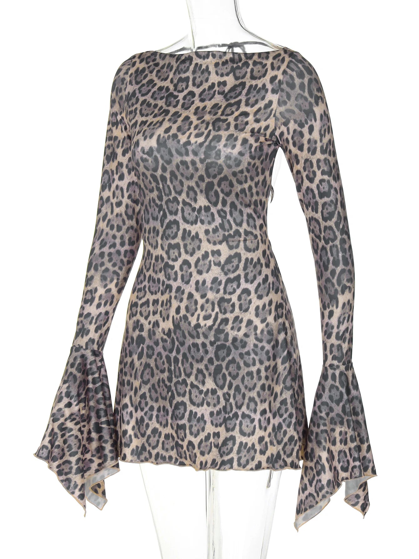 Leopard Print Backless Lace-Up Flare Sleeve Mini Dress