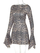 Leopard Print Backless Lace-Up Flare Sleeve Mini Dress