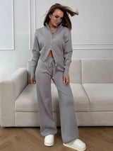 Wolfeel  New Autumn Winter Zip Up Knit Pants Set Women's Trendy Slim Fit Cardigan Pants Chic Commuting Sweater Outfit