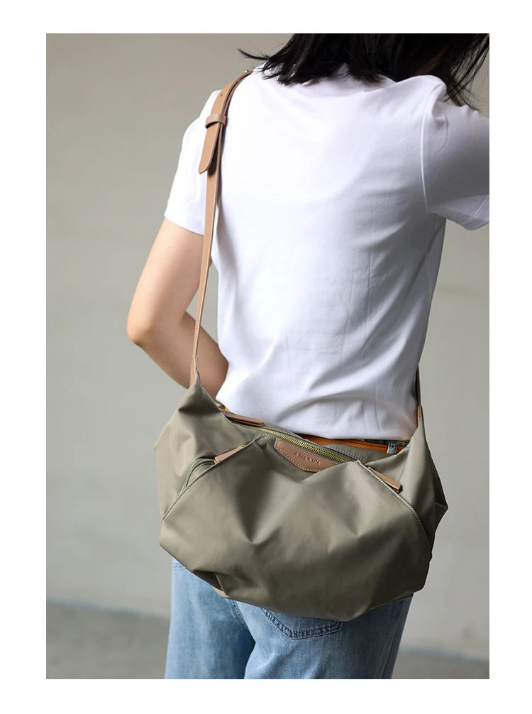 Lightweight Nylon Matching Genuine Leather Crossbody Bag High Quality Single Shoulder Bags Fashion Pleated Messenger Purses