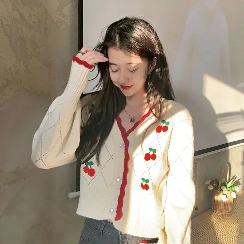 Floral V-Neck Button-Up Knit Cardigan for Women